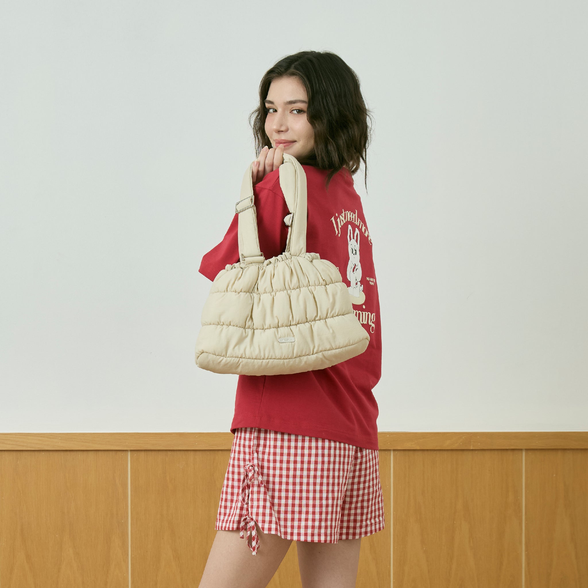 Beige Nylon Quilted Shoulder Bag 'Wake Up Later'