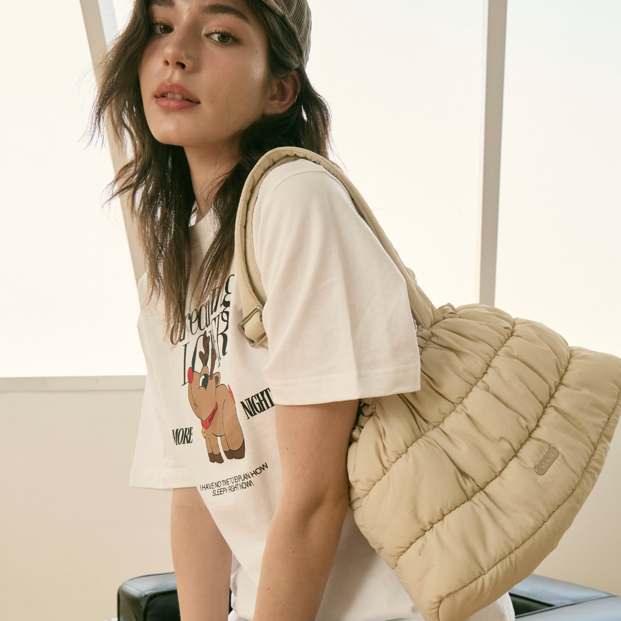 Beige Nylon Quilted Shoulder Bag 'Wake Up Later'