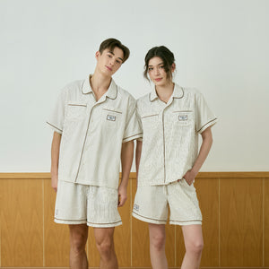 Beige Stripe Short Sleeve Shirt Pajama 'Wake Up Later'